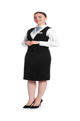 Smiling receptionist in uniform on white background