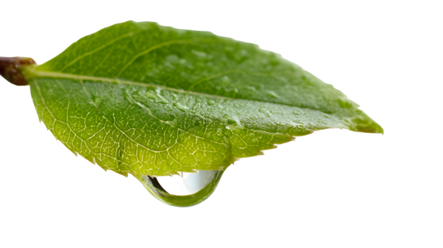 A single water droplet hanging from a leaf tip in the morning light