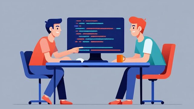 Two animated programmers collaborate on code at a computer, representing teamwork in software development