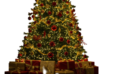 A magnificent Christmas tree with red baubles, gold ornaments, star topper, and warm lights, surrounded by elegant red, gold, green gifts in a corporate lounge, conveying festive corporate celebration