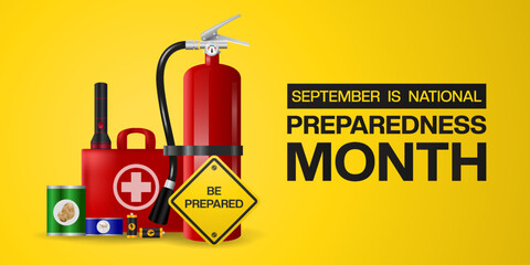 September is National Preparedness Month. fire extinguisher, Medicine, food, flashlight and more. Suitable for posters, banners and social media. Yellow background.
