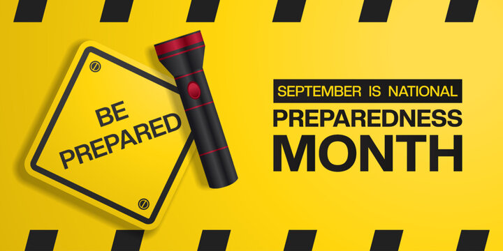 September is National Preparedness Month. Suitable for posters, banners and social media. Yellow background.