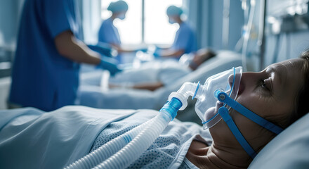 Female Patient Lying on Hospital Bed with Oxygen Mask Surrounded by Medical Personnel in Blue Uniforms Near a Window