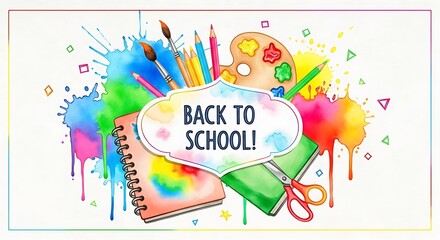 Watercolor back to school illustration with art supplies and colorful paint splatters on white background