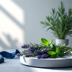 Fresh aromatic leaves like lavender, rosemary, and mint arranged in a balanced still life composition