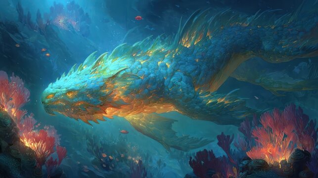 Underwater leviathan with bioluminescent glow swimming through a coral reef ecosystem