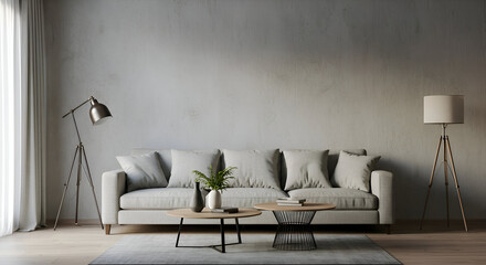 Modern living room featuring a light gray sofa with neutral pillows, two wooden coffee tables, and a tripod floor lamp. Empty room with a textured concrete wall and light wooden floors.
