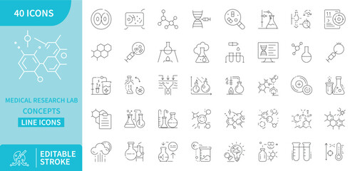 Medical research lab line icons molecule flask microscope test tube science editable stroke outline style
