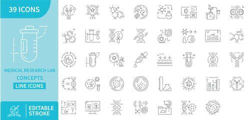 Medical research lab science experiment DNA molecule test tube microscope chemistry innovation discovery icons