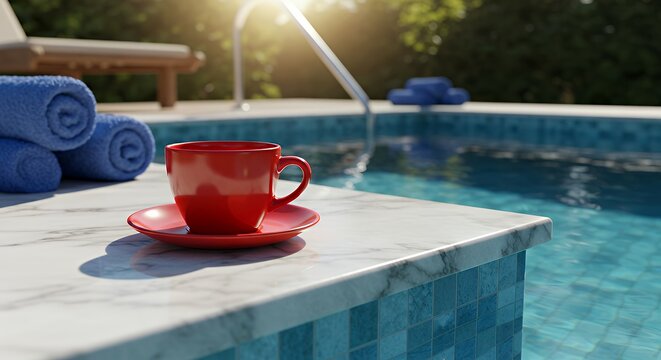 Red Coffee Cup on Poolside Marble Table with Blue Towels Near Swimming Pool in Sunny Outdoor Setting