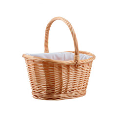 A classic wicker basket with a sturdy handle and a white lining, ideal for picnics, shopping, or home decoration.