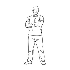 Obraz premium Vector art of man standing with arms crossed, exuding confidence and strength in a simple line drawing