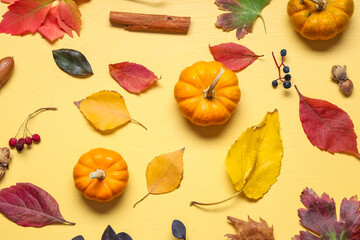 Composition with natural forest decor and fresh pumpkins on color background