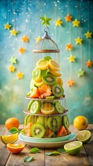 Festive fruit cage with kiwi, lemon, and orange on wooden table