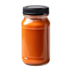 A clear glass jar filled with vibrant orange sauce, featuring a black lid. Perfect for showcasing gourmet ingredients or food products on a white isolated background.