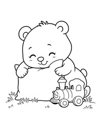 Obraz premium Cute bear character hugging a pillow with a toy train beside on grass, perfect for children's illustrations or coloring books for kids and toddler activities