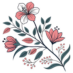 Delicate pink and white flowers with green leaves and berries on a dark branch