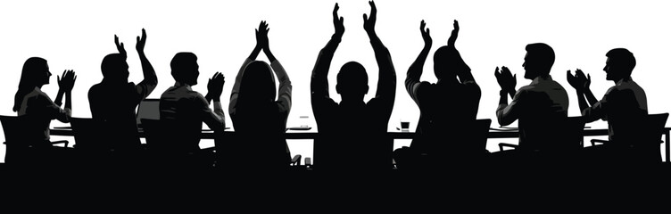 Silhouette of people clapping at a meeting or conference with hands raised in appreciation and celebration