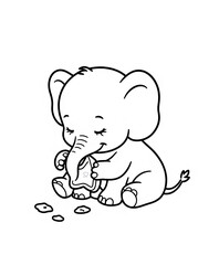 Obraz premium Cute baby elephant happily enjoying a snack while sitting with closed eyes and a playful demeanor, perfect for children's art and educational materials