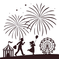 Family enjoys a festive night with fireworks and carnival attractions