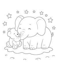 Obraz premium Cute elephant and bear enjoying a playful moment in a whimsical scene with stars and a puddle, ideal for children's coloring books and educational materials.