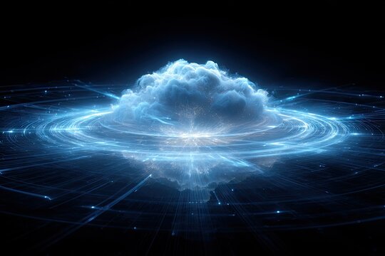 Abstract digital cloud with glowing rings and lines - Powered by Adobe