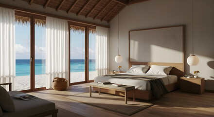 Beachfront hotel bedroom with ocean view, showcasing modern minimalist design. A couple relaxes in a tranquil bedroom, taking in the serene seaside vista.