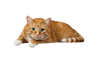 A relaxed adult orange ginger tabby cat with bright green eyes and white markings lies on a transparent studio surface, looking directly at the camera, concept of tranquil companionship
