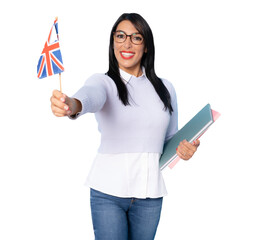 Young smiling school teacher woman holding notebooks and a British flag over transparent background. English teacher. PNG.