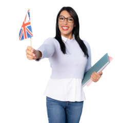 Young smiling school teacher woman holding notebooks and a British flag over transparent background. English teacher. PNG.