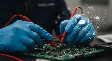 Gloved hands testing electronic circuit board with multimeter, featuring digital cloud and cybersecurity network overlay.
