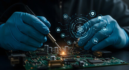 Hands in gloves soldering circuit board with glowing component and futuristic digital interface, representing electronics and innovation.