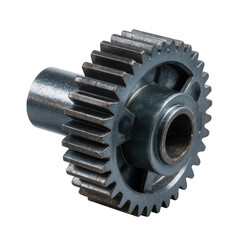 A detailed view of a metal gear, showcasing its intricate teeth and cylindrical structure, ideal for mechanical engineering and industrial design concepts, against a white isolate 