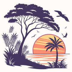 Tropical sunset silhouette with palm tree birds flying over calm ocean water and lush foliage
