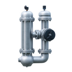 A detailed view of a metallic industrial water meter valve with clear pressure gauges, isolated on a white background, showcasing its functional design and intricate components.