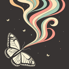 Whimsical butterfly emitting colorful swirling smoke against a dark background with small dots
