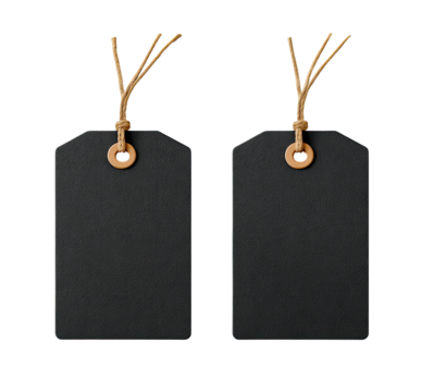 Two identical black rectangular tags, hanging with light brown leather-like cords