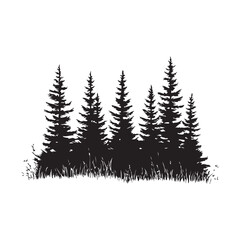 Obraz premium Silhouette of a pine forest silhouette, Pine Forest Silhouette Vector Illustrations, pine tree forest silhouette vector illustration, black silhouette forest tree lines and natural landscape elements