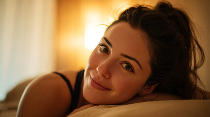A young caucasian woman lying on a bed or massage table, smiling and looking at the camera. Relaxation and wellbeing concept.