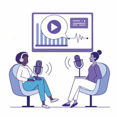 Two women recording a podcast interview with microphones headphones