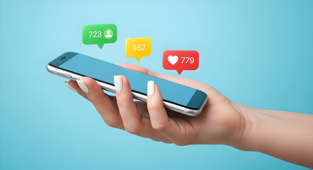 Hand Holding Smartphone Displaying Colorful Notification Icons Against a Pale Blue Background Symbolizing Digital Connection