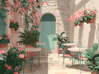 A digital painting of a serene urban patio with flowers