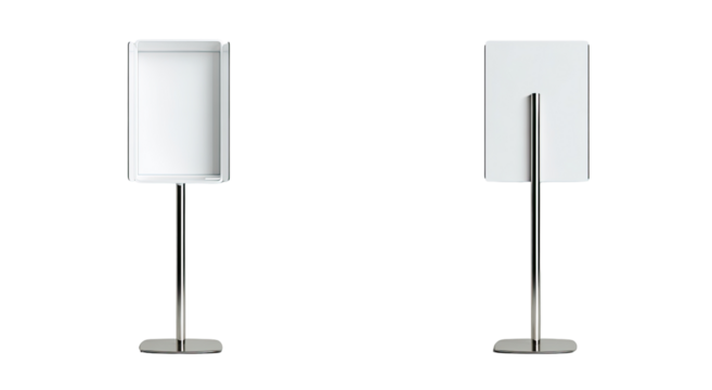 Two white rectangular display stands on metal bases