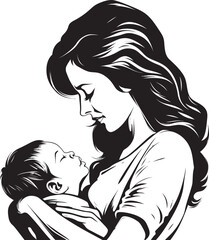 Stylish Mother and Child Vector Black Outline of Motherly Love