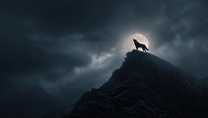 Silhouetted wolf on mountaintop, moonlit night