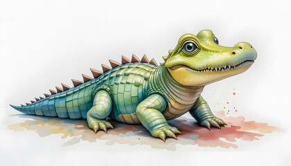 Fototapeta premium A colorful watercolor illustration of a cute baby alligator, painted in pastel hues, sits against a clean white background with subtle splashes of color.