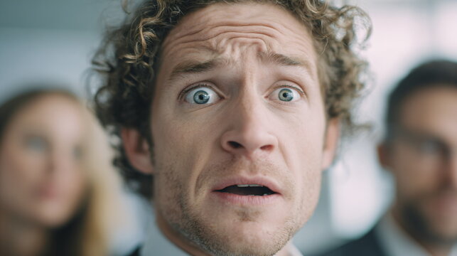 Close up of a man with a beard looking annoyed. Male office worker showing disagreement or confusion. Business concept.