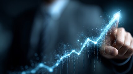 Digital Growth, upward trend, data visualization.  A hand interacts with a glowing, upward-trending graph representing progress, success, and innovation in business