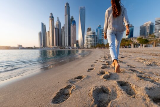 Woman walks barefoot on beach in urban setting during sunset in Dubai - Powered by Adobe