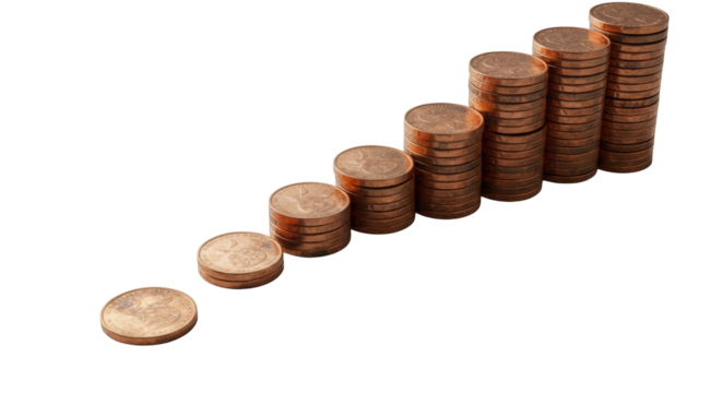 Single worn copper coin leading to stable copper cluster, weathered patina, minimalist light grey background, photorealistic macro, sharp focus. Concept of financial growth and stability